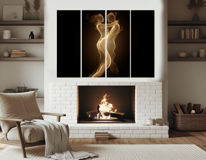 Romantic Canvas Wall Art – Sensual Golden Flame Couple Abstract Bedroom Decor