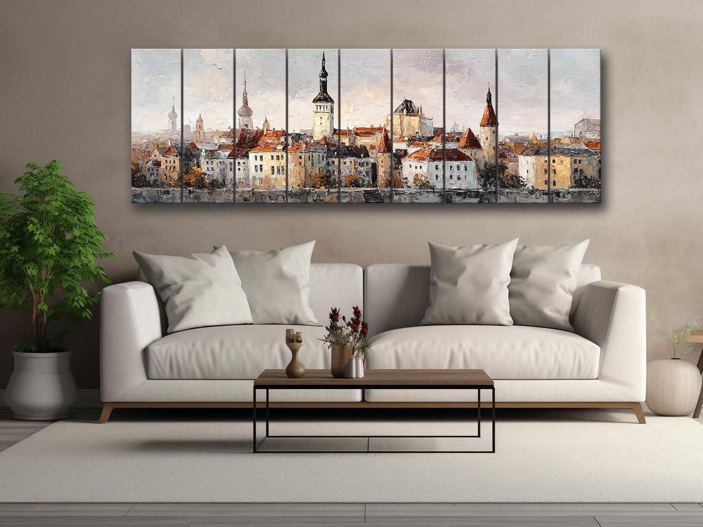 Tallinn Wood Print – Rustic Wall Art With Beige Morning Skyline on Distressed Wood