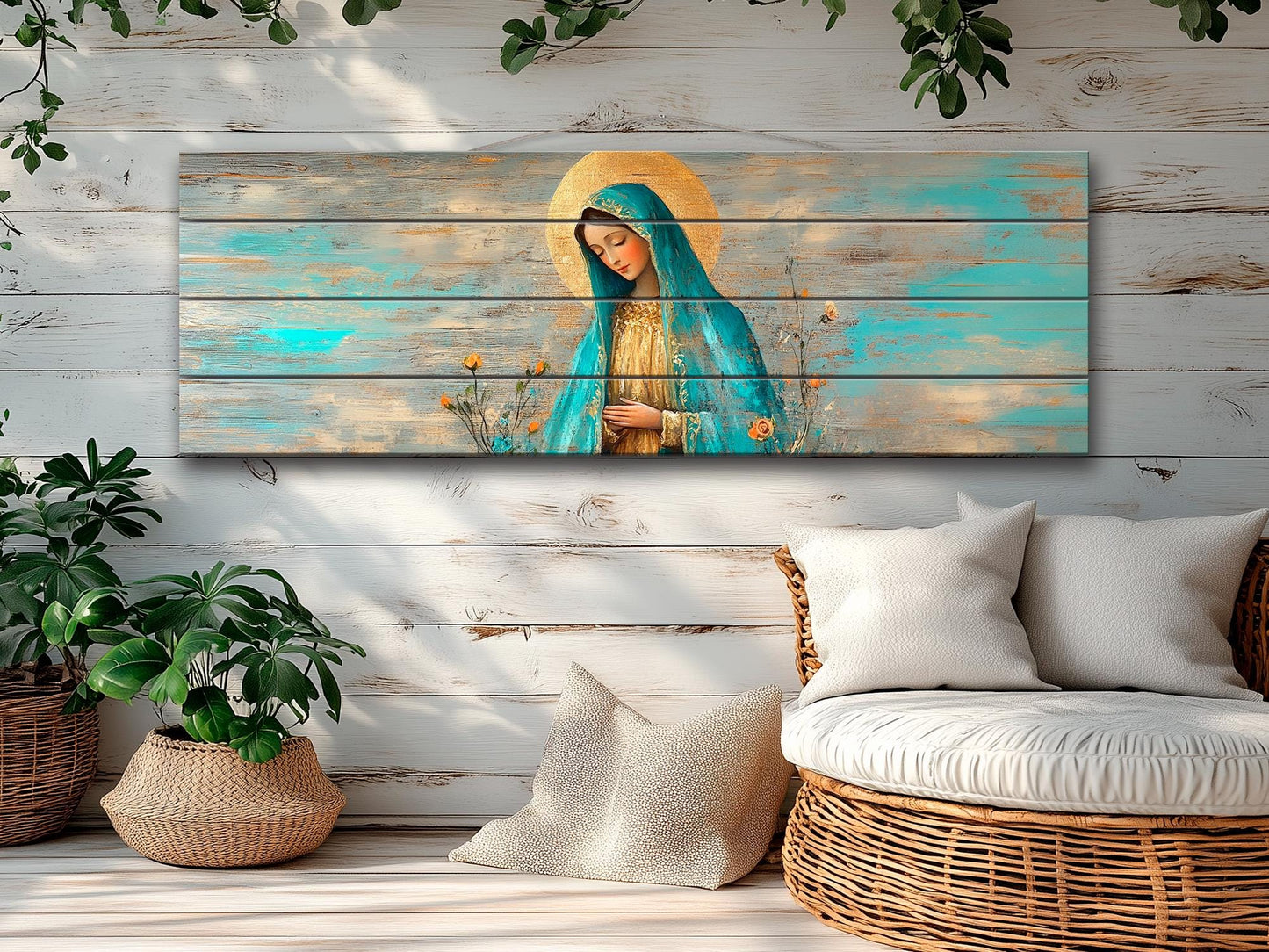 Virgin Mary Wall Art – Natural Wood Grain Art | Rustic Religious Wall Decor