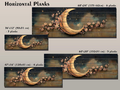 Crescent Moon Wall Art – Rustic Wood Print With Flowers | Boho Nursery Decor