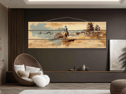 Cowboy Wall Art – Lone Rider Prairie Painting on Rustic Wood Print