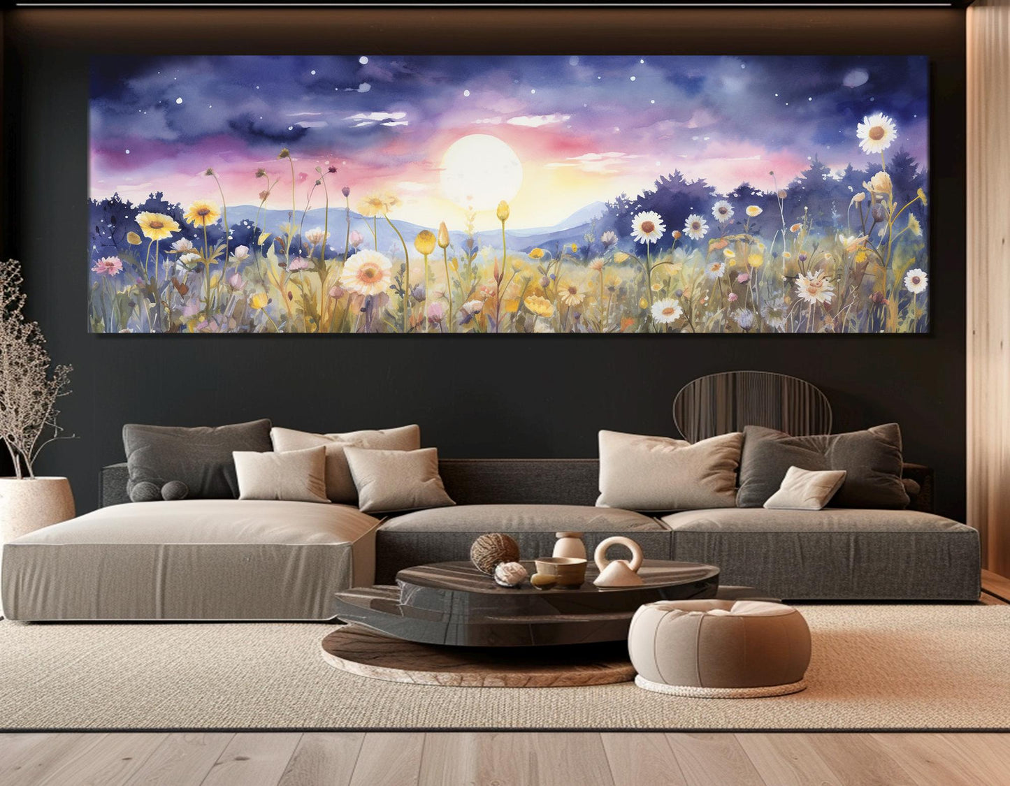 Wildflowers Field Canvas Print – Full Moon Floral Wall Decor | Framed Gallery Wrapped