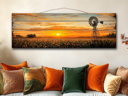 Rustic Wood Print | Abstract Sunset Cornfield Wall Art - Farmhouse Decor
