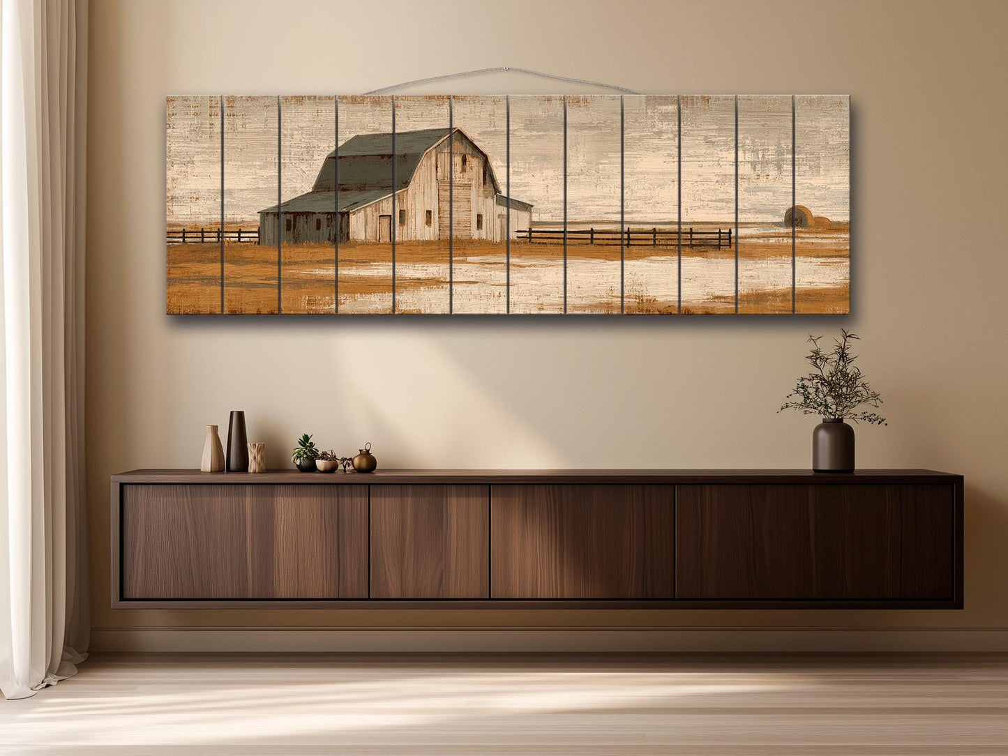 Alpine Wood Wall Art – Rustic Mountain Painting With Beige Blue Lake Decor