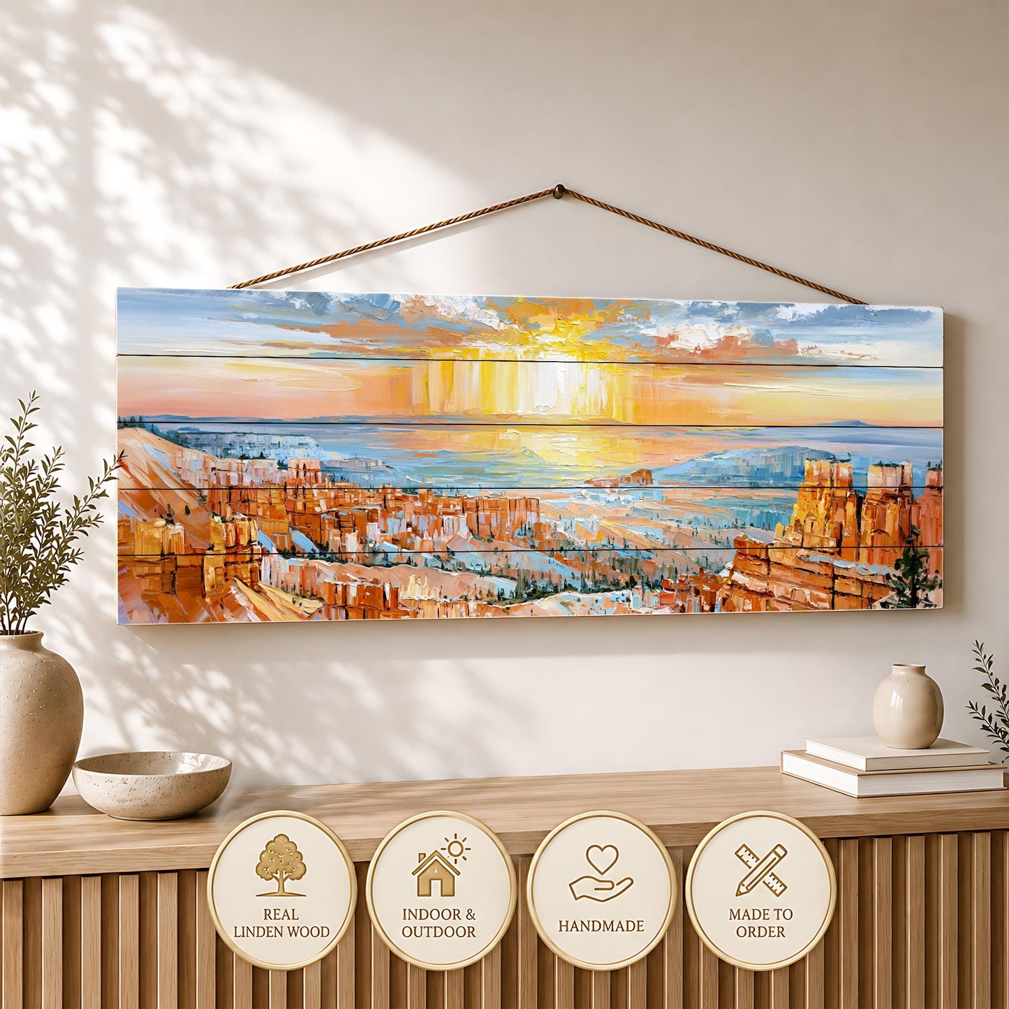 a large painting of a scenic landscape hanging on a wall, with a wooden shelf below it displaying decorative items.
