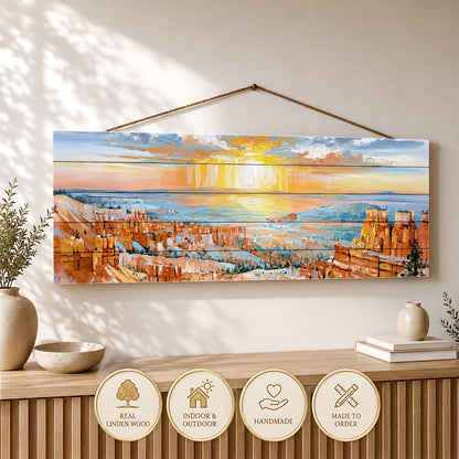a large painting of a scenic landscape hanging on a wall, with a wooden shelf below it displaying decorative items.