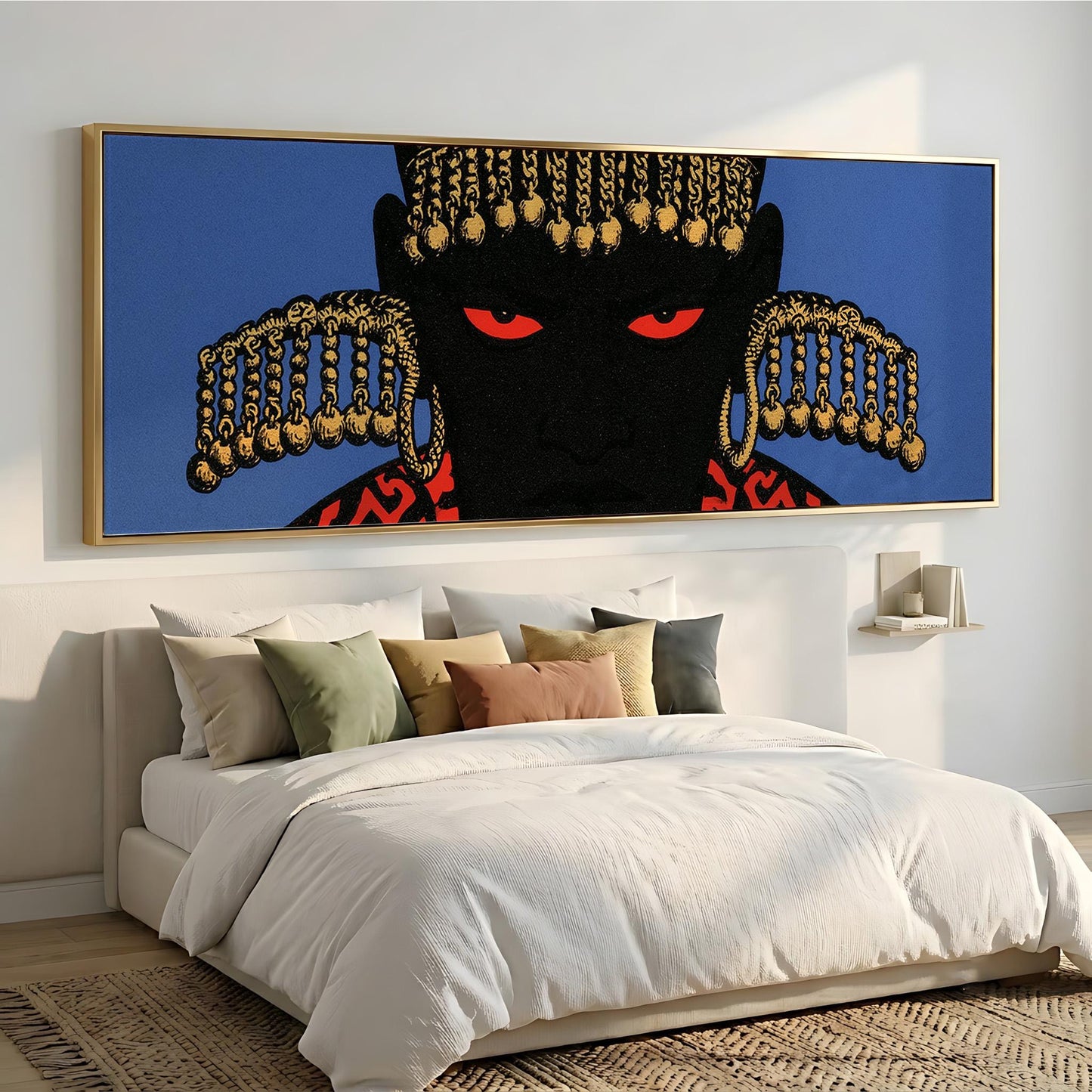 a large, colorful painting of a person's face with a striking red eye and a black background, hanging on a wall above a bed with white bedding.