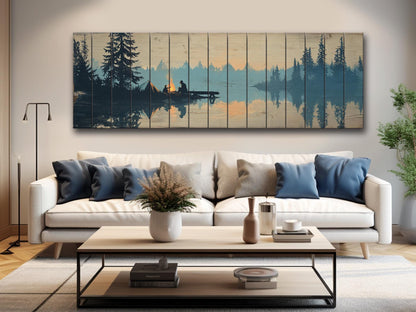 Campfire Print on Wood – Rustic Wood Decor with Mountain Lake and Warm Firelight