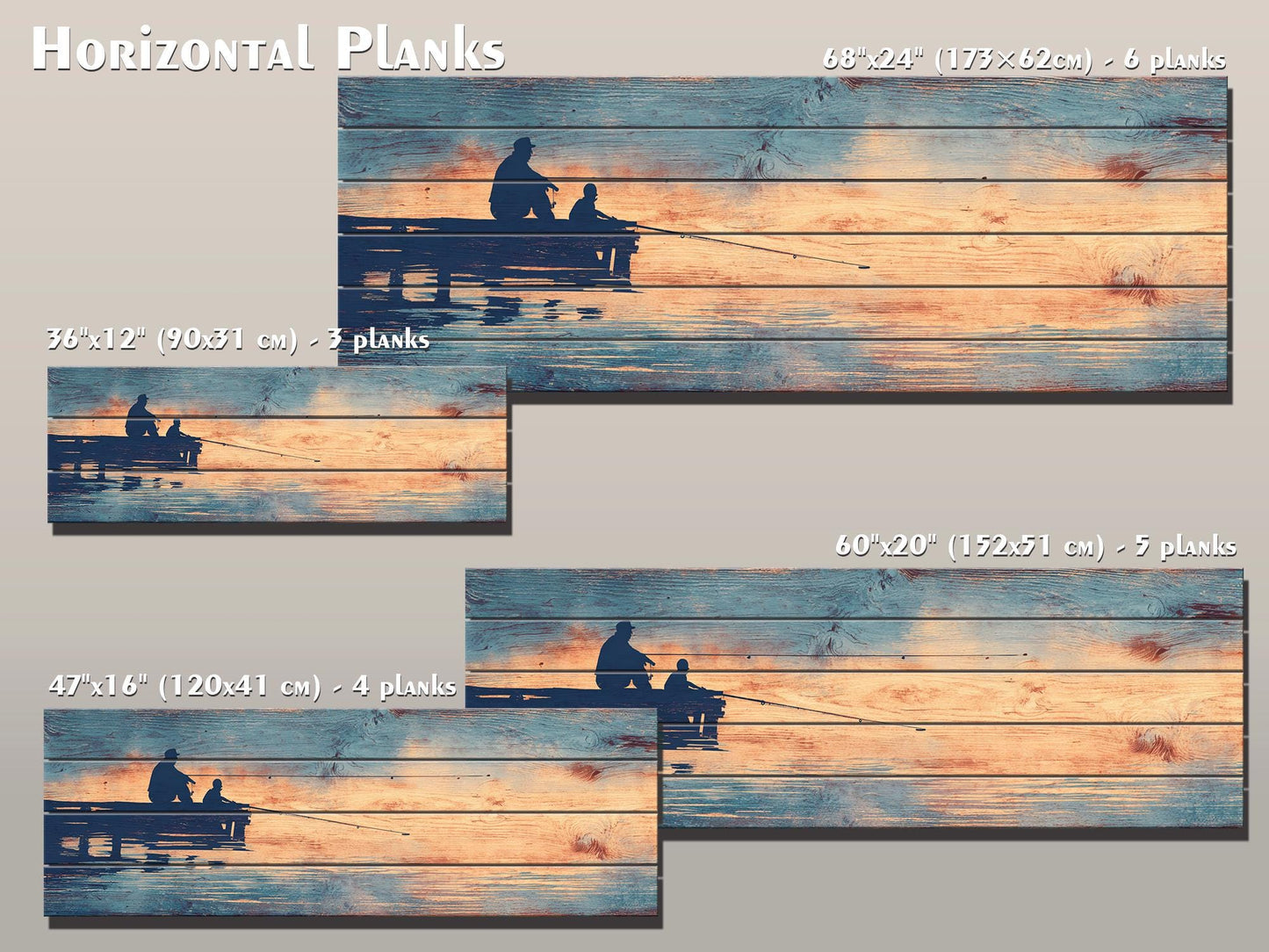 Father Child Fishing Art - Rustic Wooden Wall Art With Lake Dock Scene