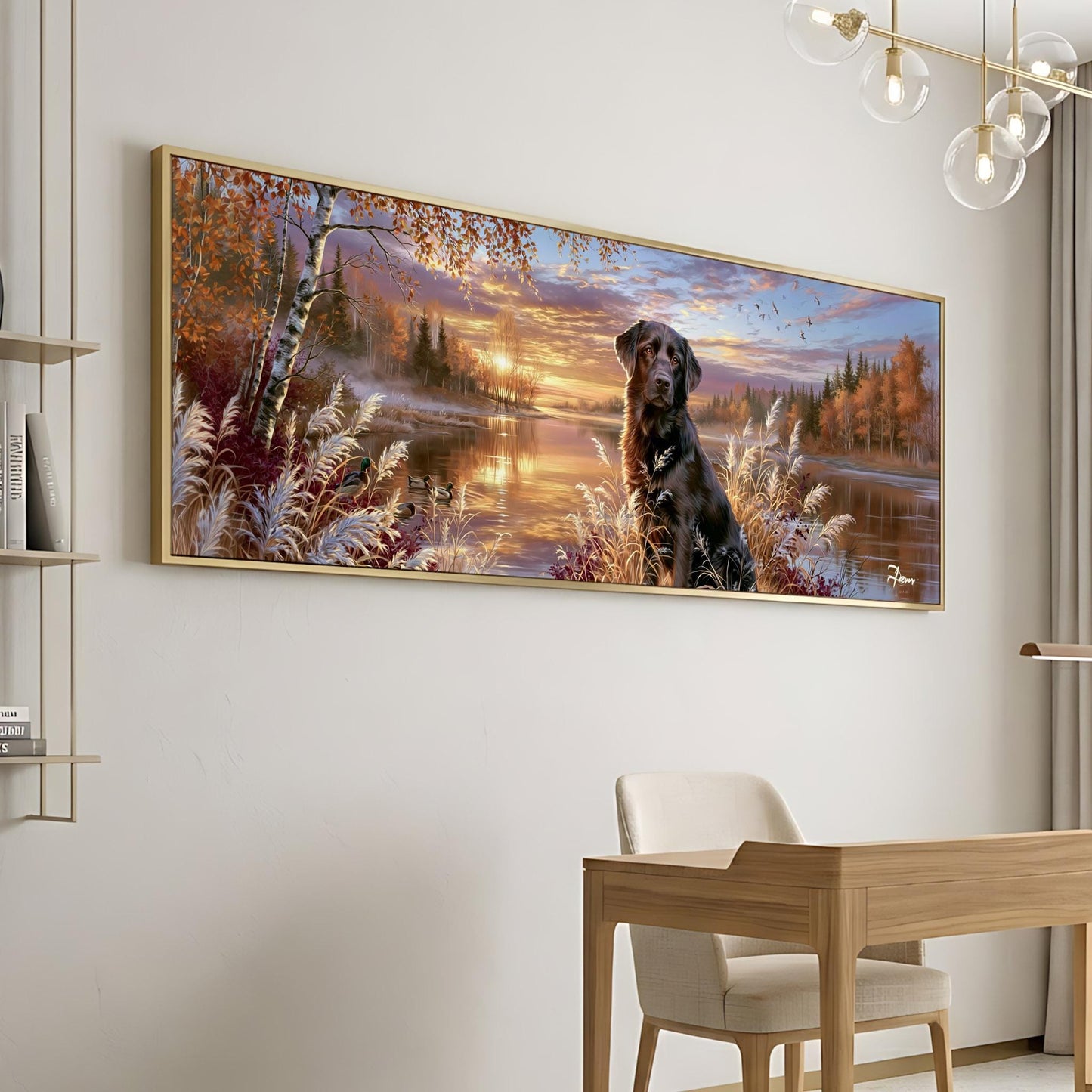 A large framed painting depicting a dog sitting in a forest landscape with a sunset in the background.