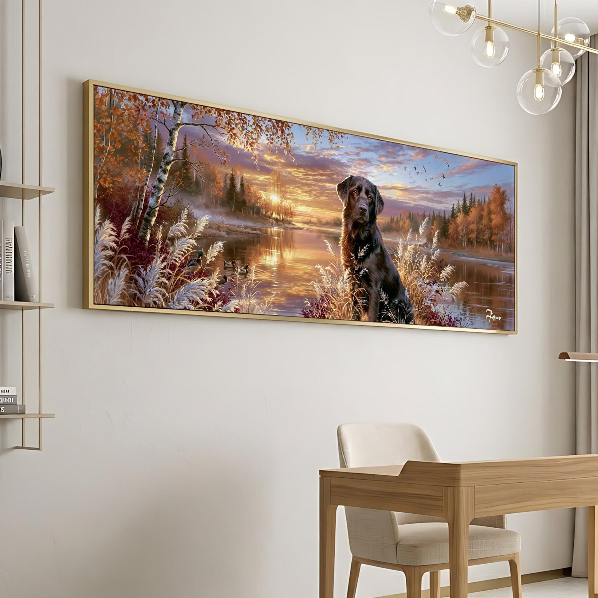 A large framed painting depicting a dog sitting in a forest landscape with a sunset in the background.