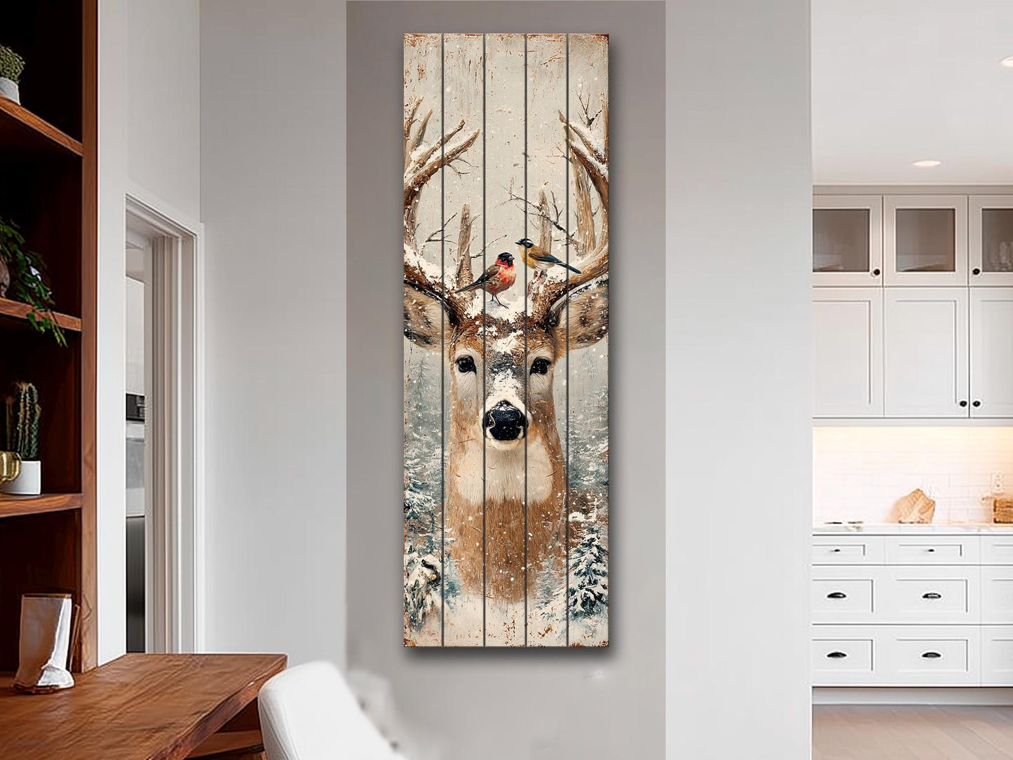 Deer Head Winter Print on Wood – Snowy Antlers Forest Scene, Rustic Wall Decor