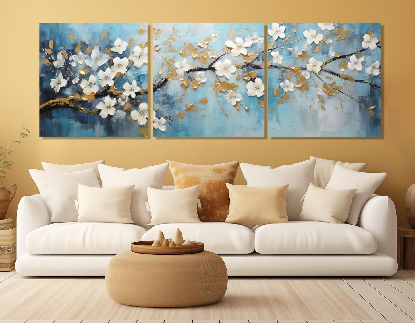 Floral Canvas Art – Soft Blue Wall Art With White Gold Flowers | Ready to Hang