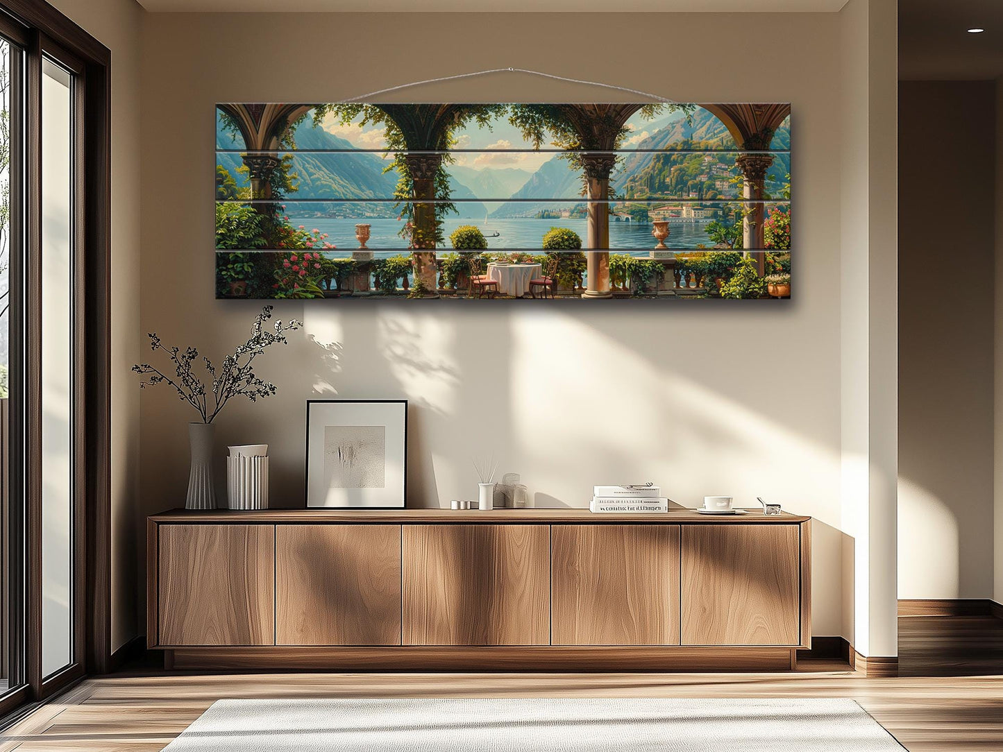 Lake Como Wood Print – Natural Wood Art Landscape Wall Decor On Planks