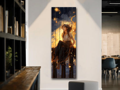 Dreamy Woman Painting | Natural Wood Print - Fantasy Wall Art with Warm Golden Tones