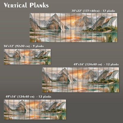 The image is a collection of four different sizes of vertical planks, each depicting a landscape scene with mountains, water, and a sunset. The planks vary in size, ranging from 70"22" (177"60") to 17" (48") planks. The planks are arranged in a grid-like pattern, showcasing the different sizes and dimensions of the artwork.