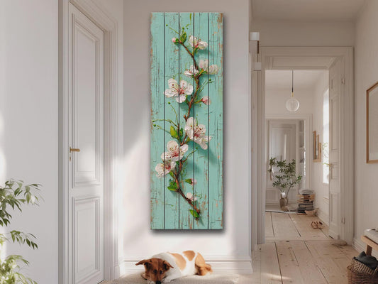 Rustic Cherry Blossom Printed on Woodm, Spring Floral Wooden Wall Art