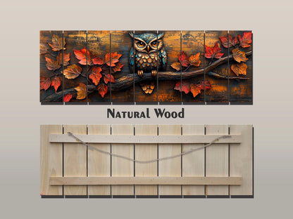 Owl Wood Wall Art – Rustic Autumn Wood Plank Painting with Glowing Fall Leaves