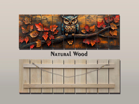 Owl Wood Wall Art – Rustic Autumn Wood Plank Painting with Glowing Fall Leaves