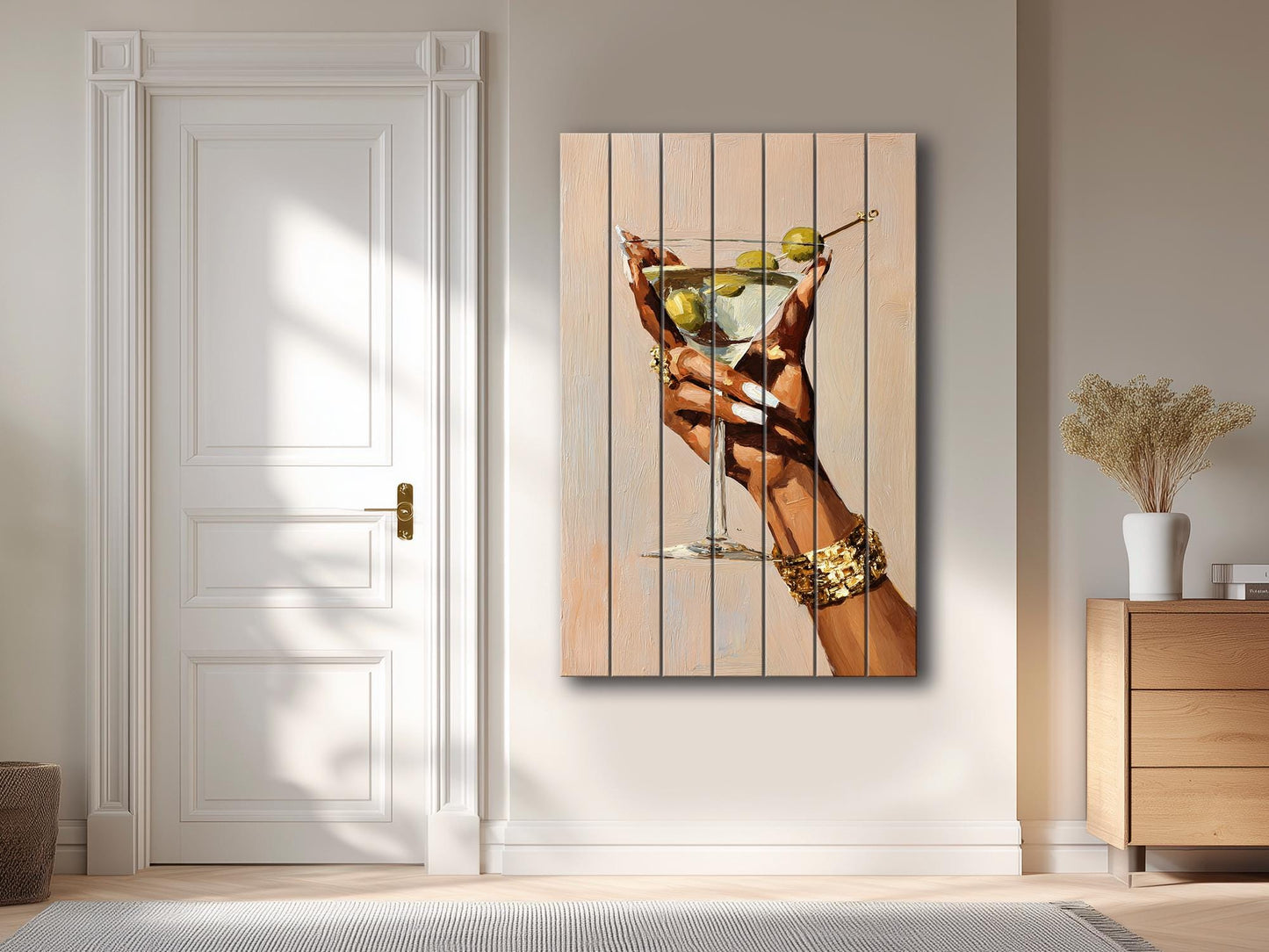 Wood Wall Art – Elegant Martini Glass Artwork on Natural Wood Planks | Minimalist Decor