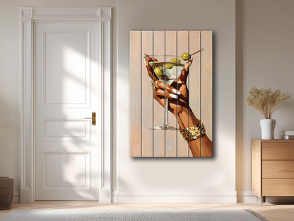 Wood Wall Art – Elegant Martini Glass Artwork on Natural Wood Planks | Minimalist Decor