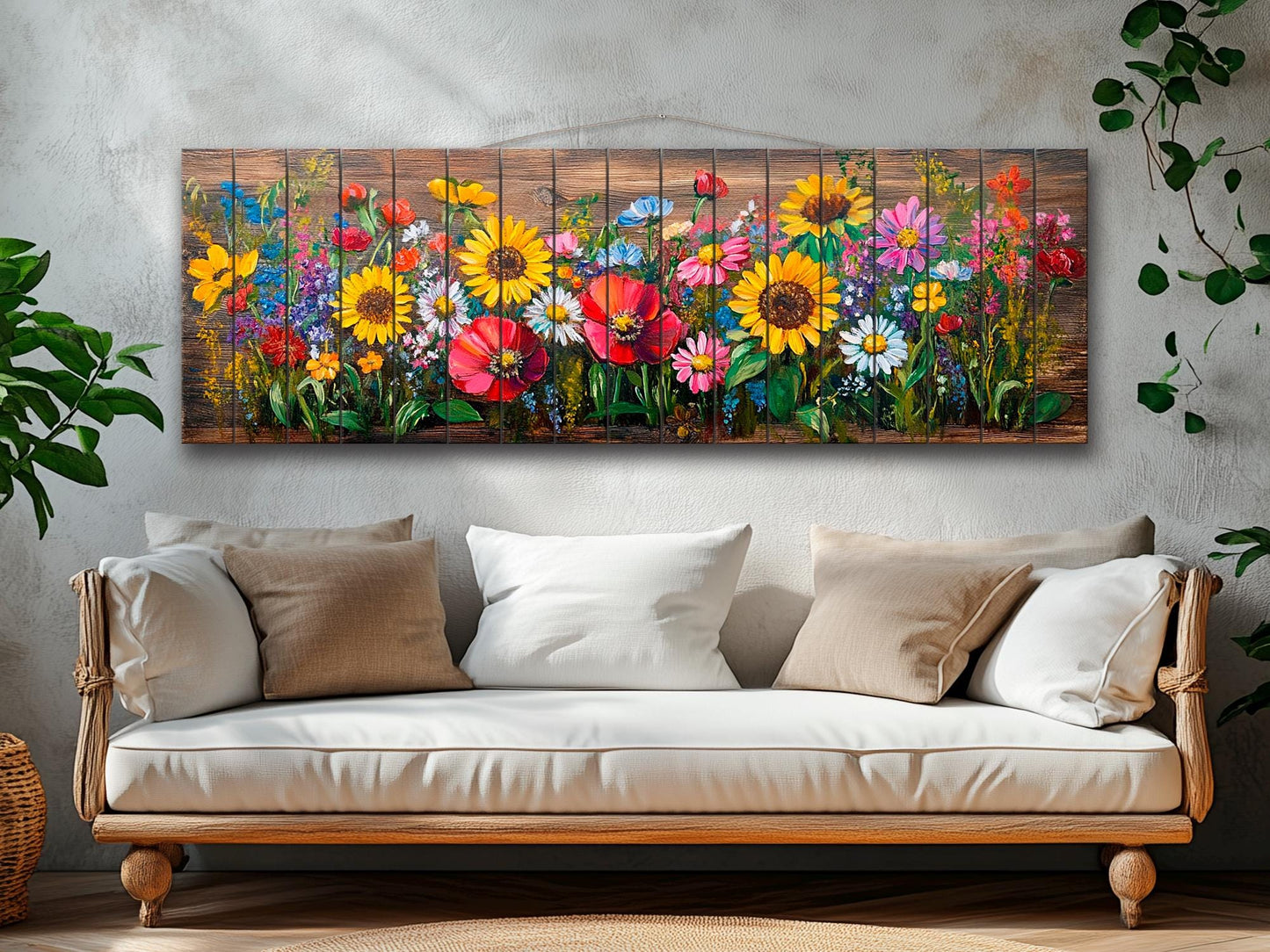 Wood Wall Art – Rustic Floral Wall Art with Daisy Sunflower Poppy Summer Print