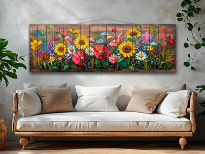 Wood Wall Art – Rustic Floral Wall Art with Daisy Sunflower Poppy Summer Print
