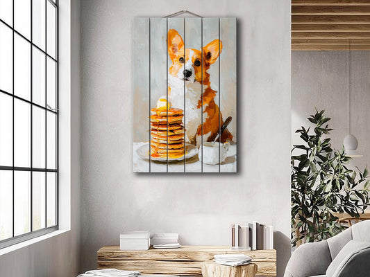 Wood Wall Art - Corgi Pancake Print | Rustic Wood Decor, Minimalist Dog Art