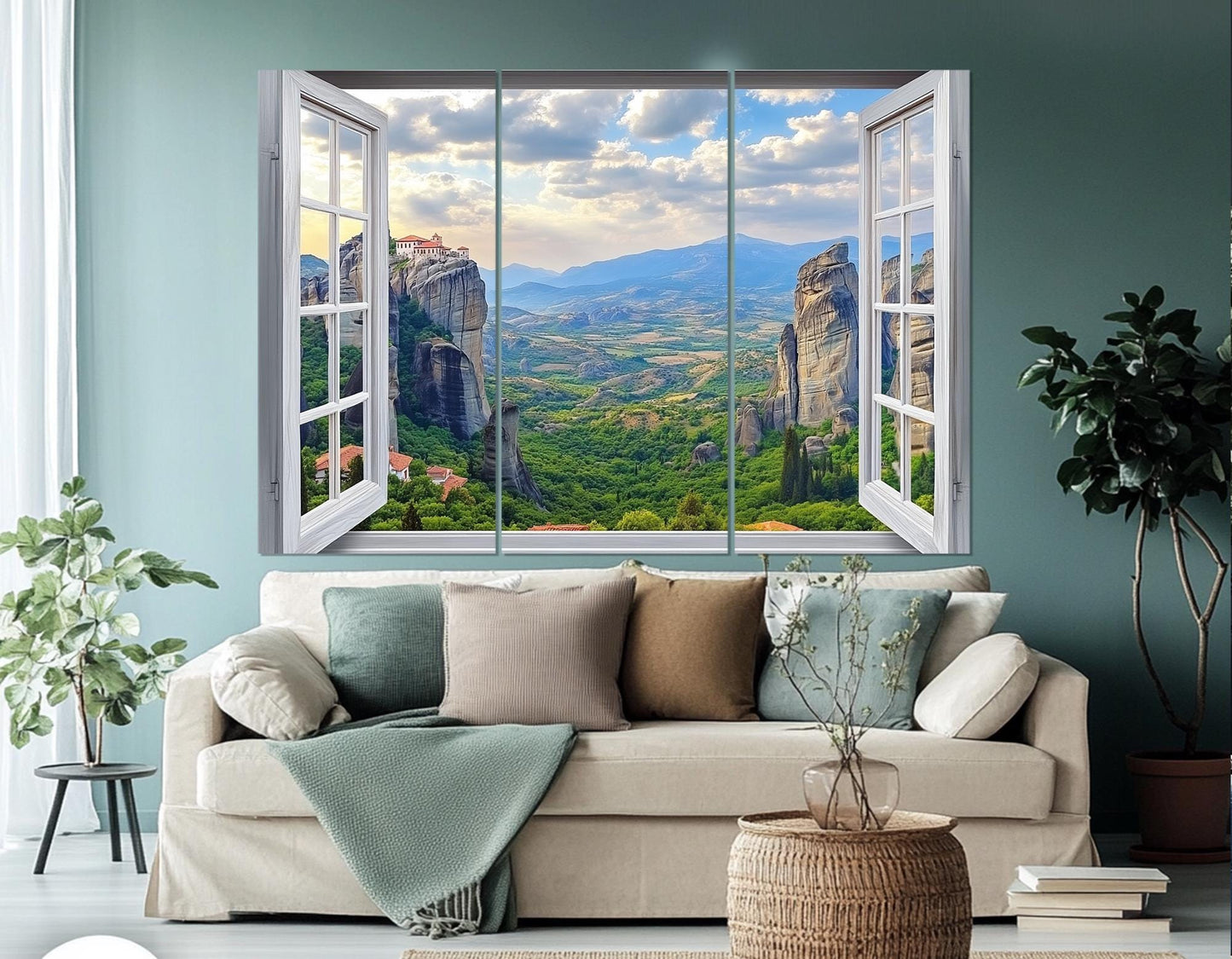 Greece Canvas Print – Open Window Wall Art of Meteora Monasteries | Ready to Hang Framed Canvas