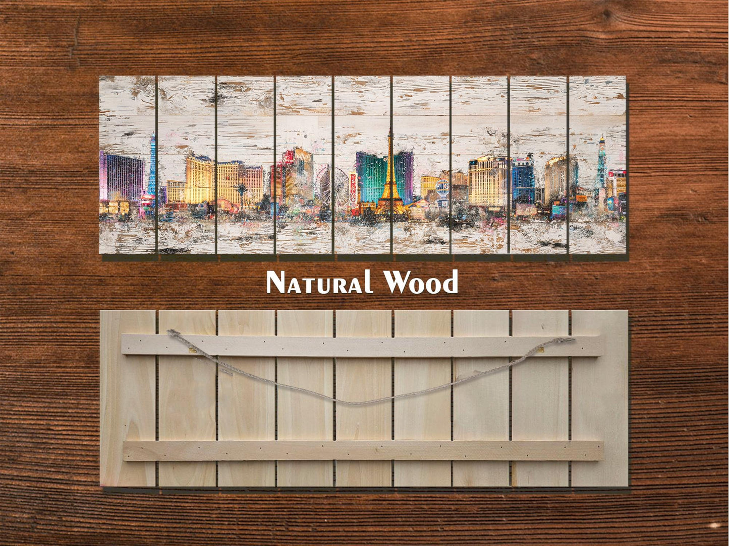 Rustic Las Vegas Painting – Panoramic Wood Wall Art with Neon Lights Print