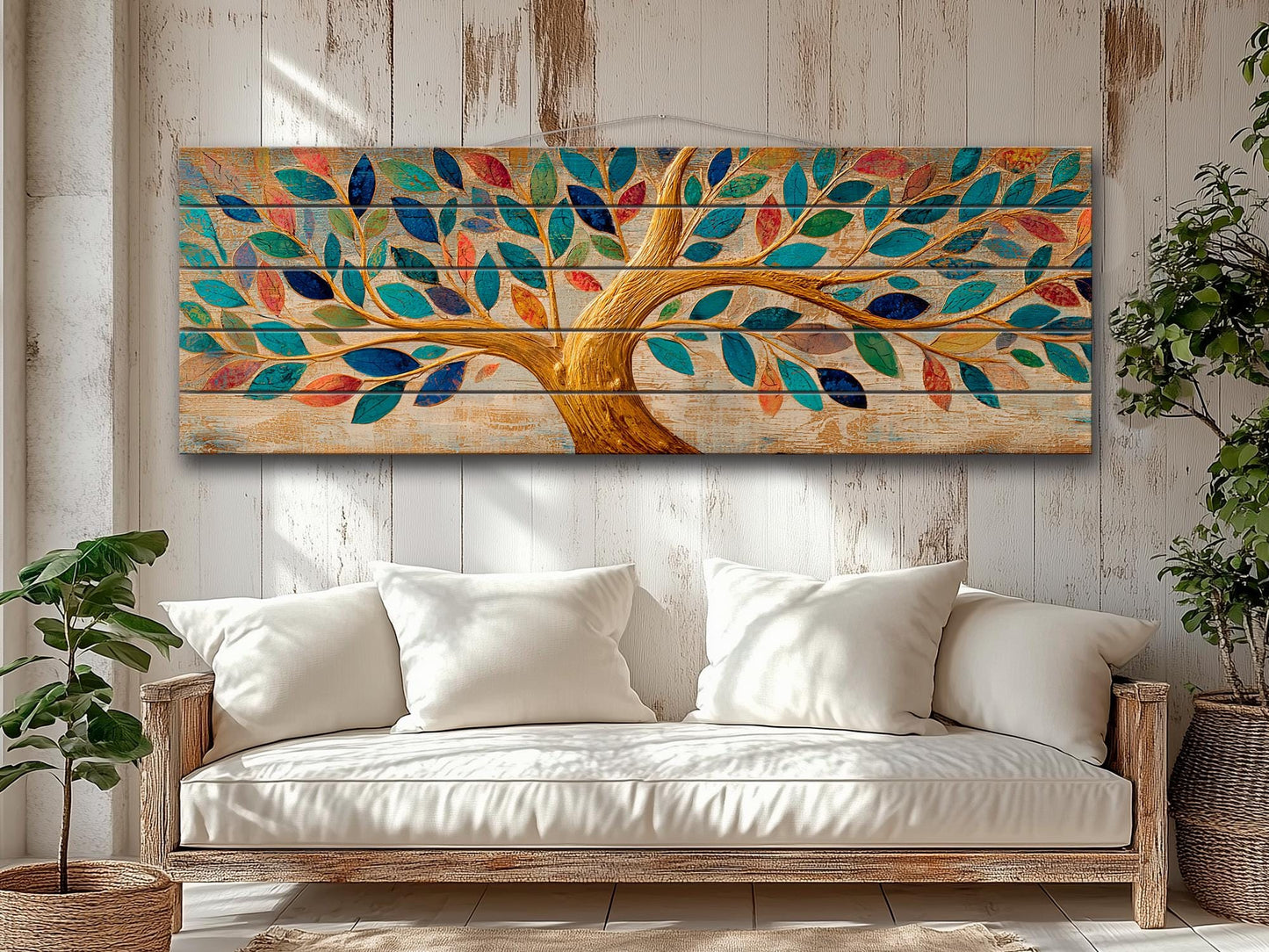 Tree of Life Wall Art - Handcrafted Wood Wall Decor with Colorful Rustic Tree Print