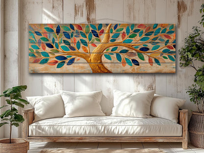 Tree of Life Wall Art - Handcrafted Wood Wall Decor with Colorful Rustic Tree Print