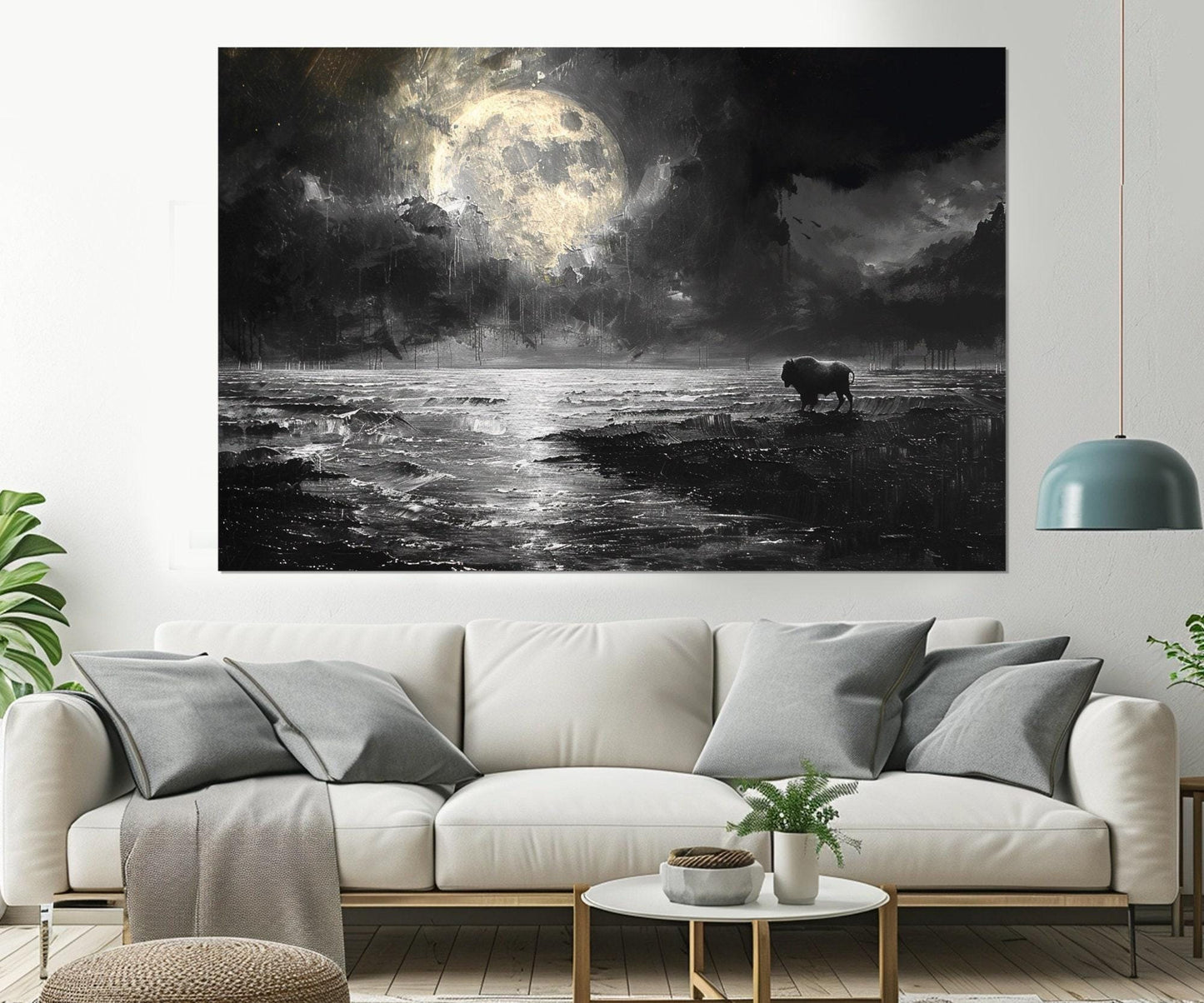 Moon Over Sea Canvas – Post-Apocalyptic Art Bison Print | Framed & Ready to Hang