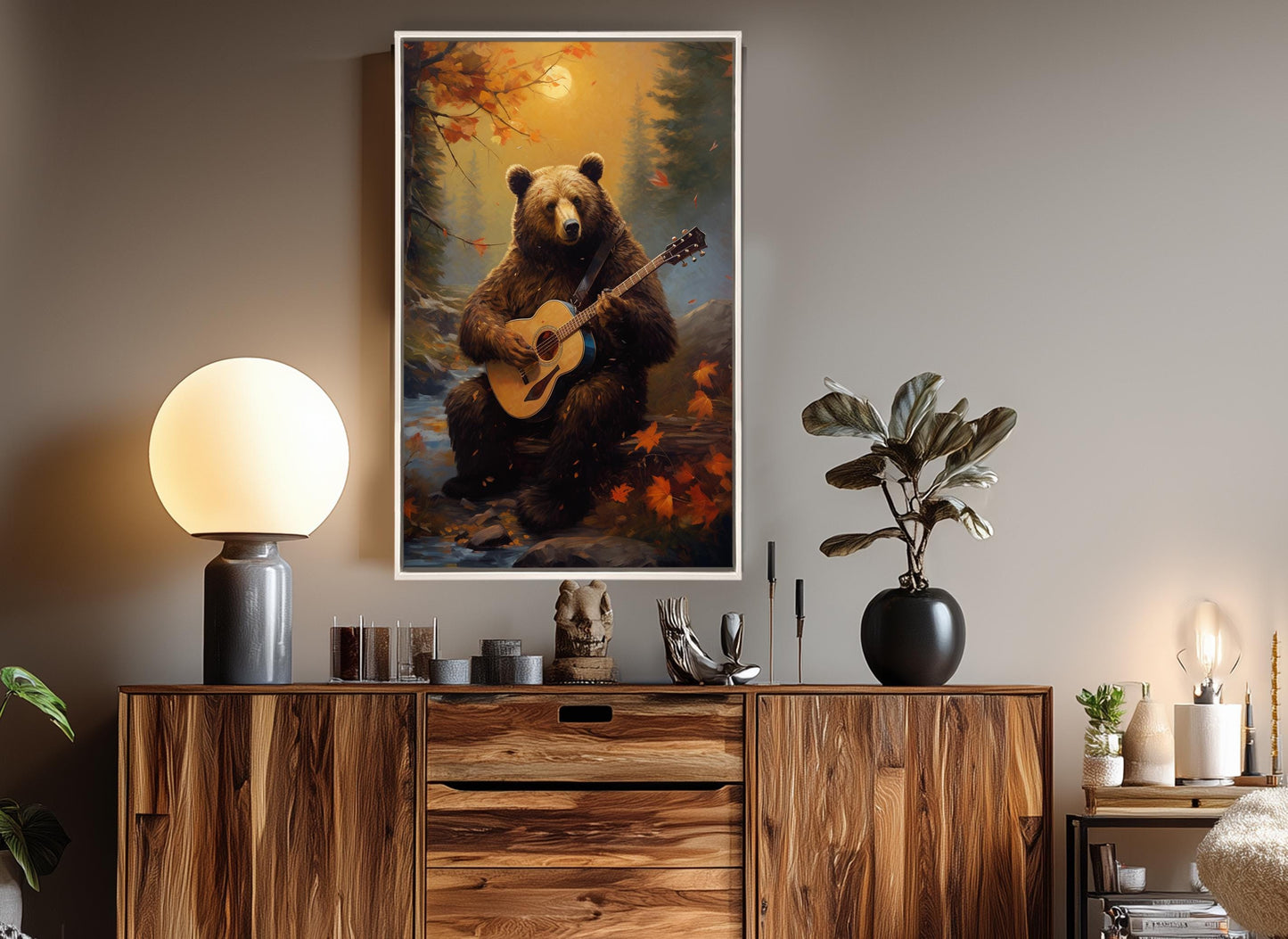 Bear with Guitar Canvas – Autumn Forest Art | Framed Gallery Wrapped Print