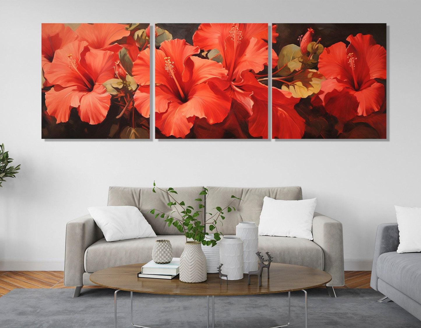 Red Hibiscus Canvas - Large Floral Wall Art | Abstract Flower Painting, Ready to Hang