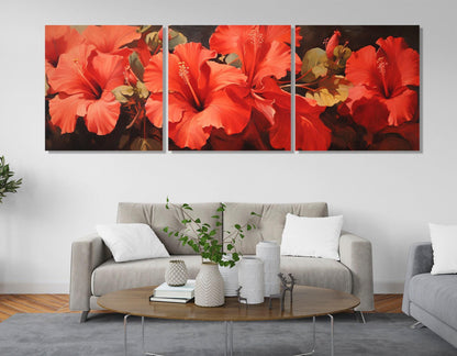 Red Hibiscus Canvas - Large Floral Wall Art | Abstract Flower Painting, Ready to Hang