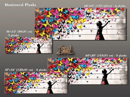 Wood Wall Art | Urban Street Art Print on Natural Wood Plank with Butterflies
