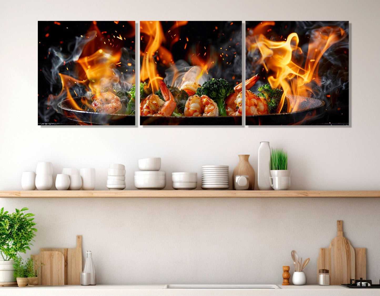 Kitchen Wall Decor – Framed Shrimp Broccoli Canvas Print | Ready to Hang