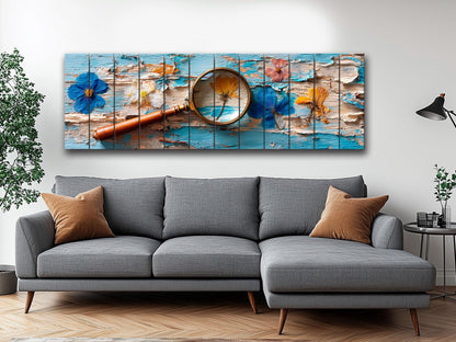 Pressed Flowers Wood Print – Rustic Nature Art on Blue Peeling Paint Wood Planks
