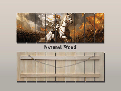 Warrior on Horse Print – Natural Wood Art | Medieval Battle Scene Wall Hanging