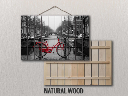 Wood Wall Art - Red Bicycle in Amsterdam Print on Wood, Netherlands Wall Art, Black and White Amsterdam Wood Print, Rustic Amsterdam Art