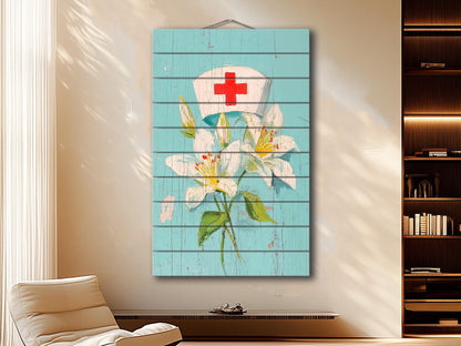 Rustic Wood Wall Art – Nurse Cap Wall Decor with Lilies – Farmhouse Medical Art Printed on Wood