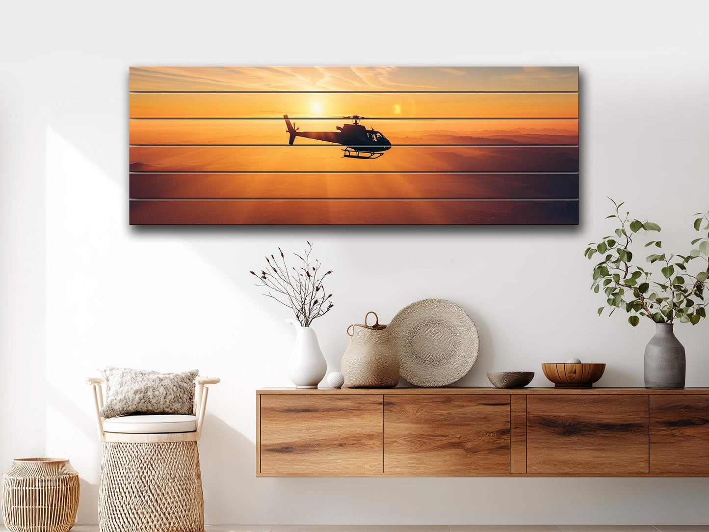 Helicopter Wall Art - Sunset Helicopter Print on Natural Wood | Ready to Hang Rustic Decor