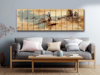 Cowboy Wall Art – Lone Rider Prairie Painting on Rustic Wood Print