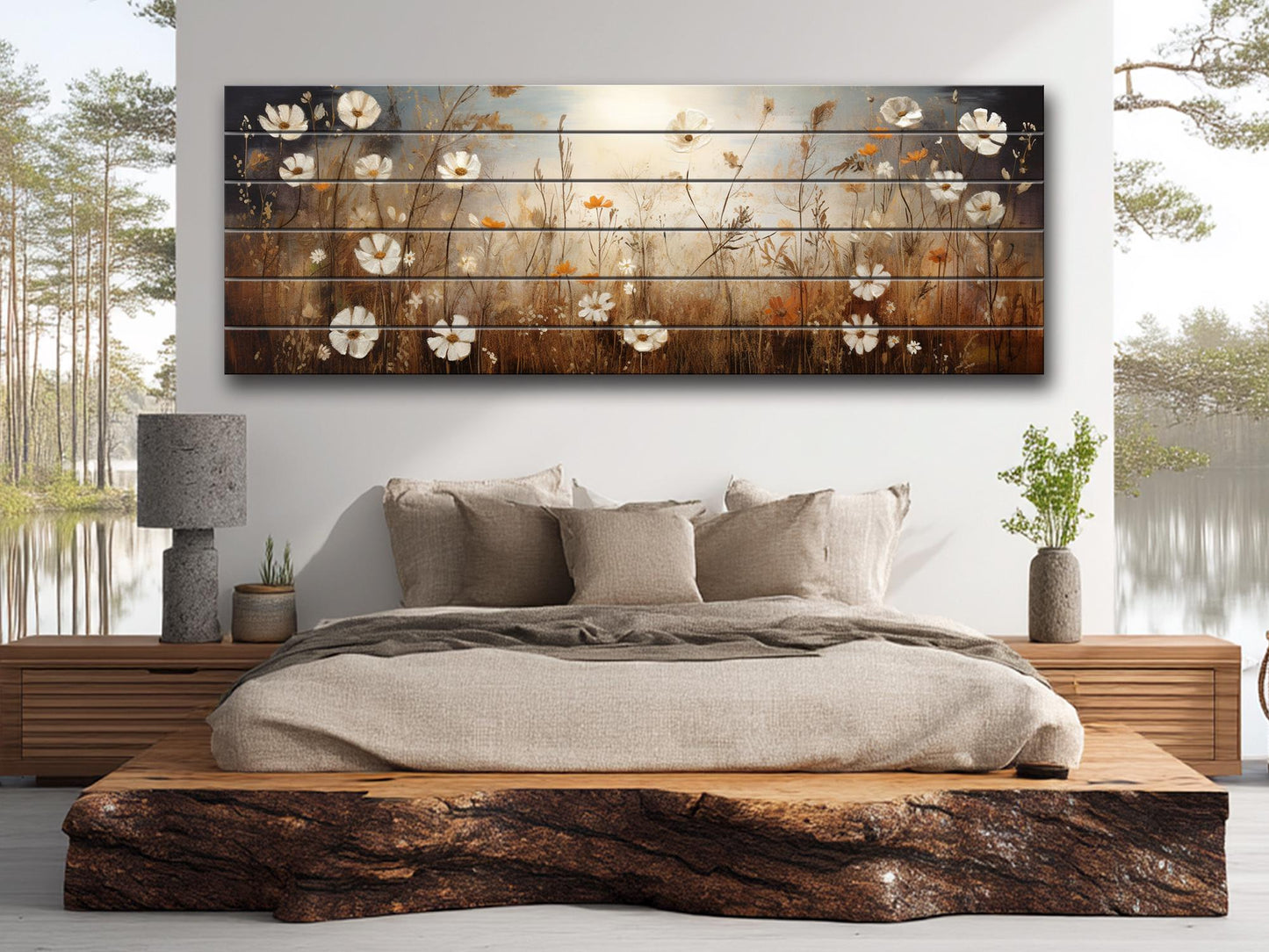 Wildflowers Field Painting Printed on Natural Wood - Wildflowers Field Print
