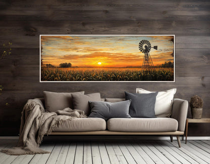 Sunset Over Cornfield Canvas - Farmhouse Wall Decor | Framed Ready to Hang