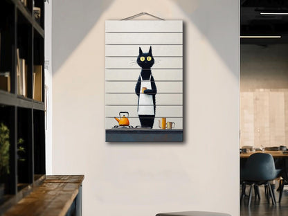 Black Cat Wall Art - Funny Cat Chef Poster | Minimalist Wood Print on Wood