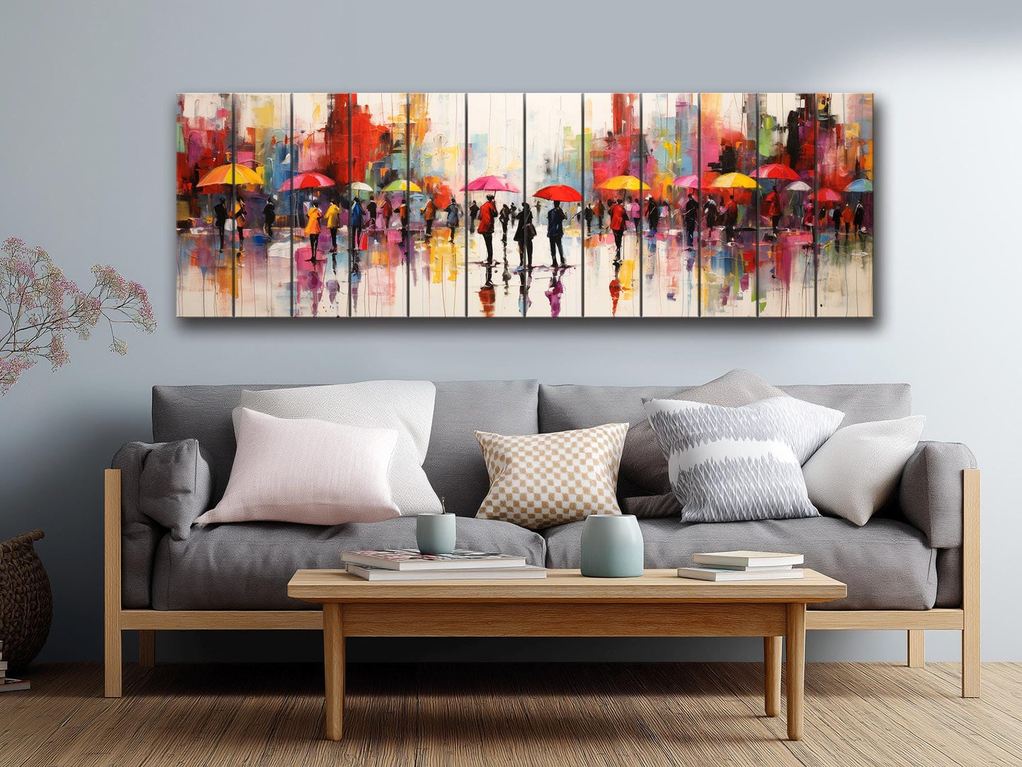 Wooden Wall Art – Abstract Rainy City Print on Natural Wood Planks | Colorful Decor