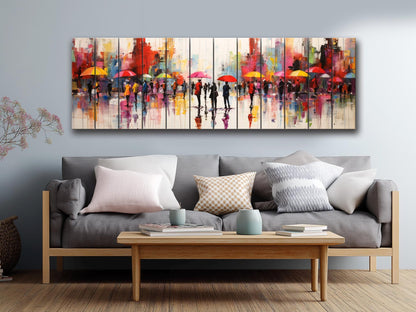 Wooden Wall Art – Abstract Rainy City Print on Natural Wood Planks | Colorful Decor
