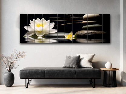 White Lily Wood Print – Natural Wood Wall Art | Zen Spa Decor on Black Background